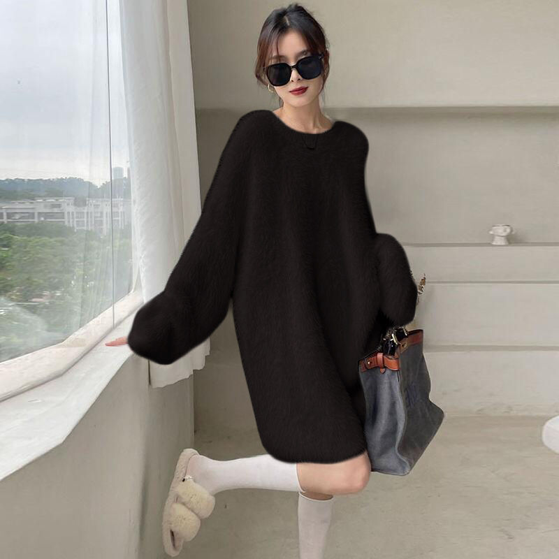 Languid Gaun Bulu Cerpelai Imitasi Fashion Angin Malas Pakaian Luar Longgar Wanita Dasar Rajutan Sweter Panjang Warna Solid