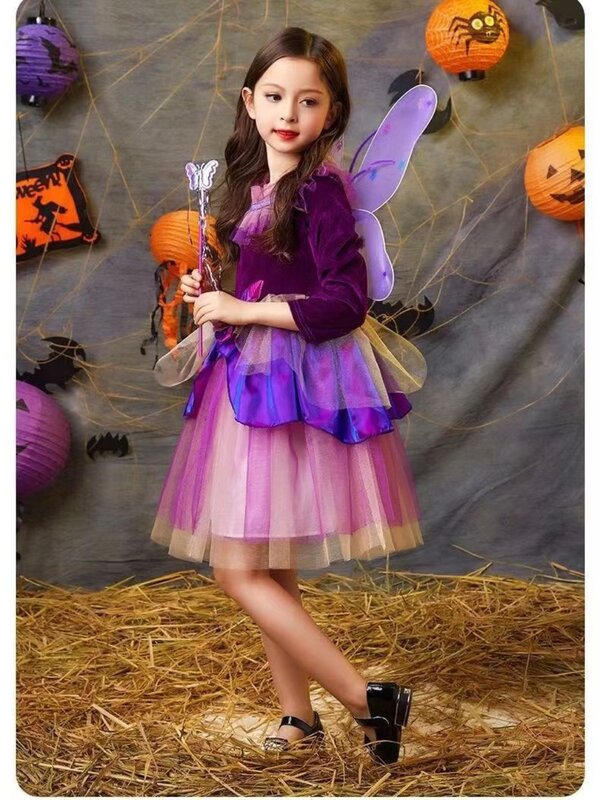 소녀 카니발 공주 드레스 업, 지팡이 날개 호박 가방, 할로윈 코스프레, 어린이 마녀 코스튬, 4 개 세트