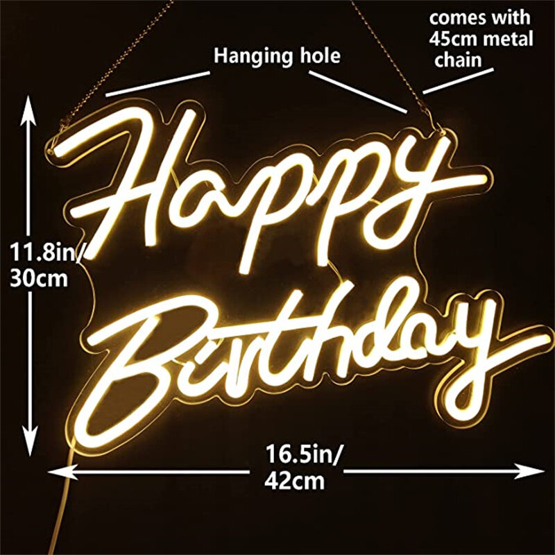 Happy Birthday Neon Sign Light para Decoração de Festa de Aniversário, USB Powered, Kids Gift com Switch, Branco Quente, 42x30cm
