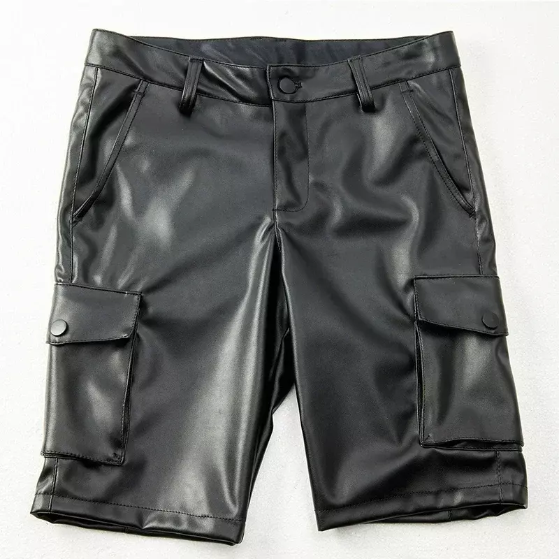 Calção preto fosco de couro sintético masculino, elástico casual masculino, calça curta de PU com bolso, calça reta fina, personalizada a quente, 2024
