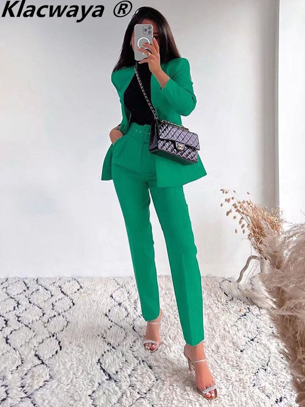 Klacwaya mulheres terno blazer e calças blazer 2022 calças de cintura alta calças femininas escritório verde ternos femininos definir formal