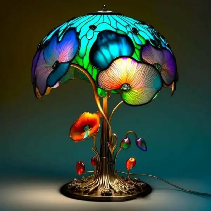 創造的なステンドグラスのテーブルランプ,植物シリーズ,花,キノコ,タコの形,樹脂,レトロな装飾,常夜灯