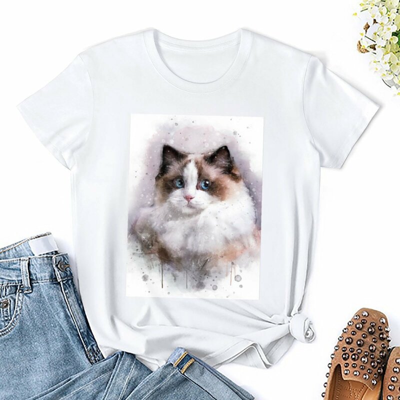 Ragdoll watercolor T-shirt animal print shirt for girls oversized Women's cotton t-shirt