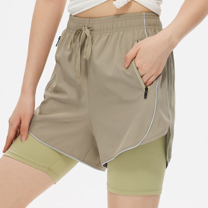 High Waist 2 in 1 Anti-Exposed Gym Sport Shorts Women Quick Dry Badminton Running Tennis Cycling Shorts with Zipper Pocket