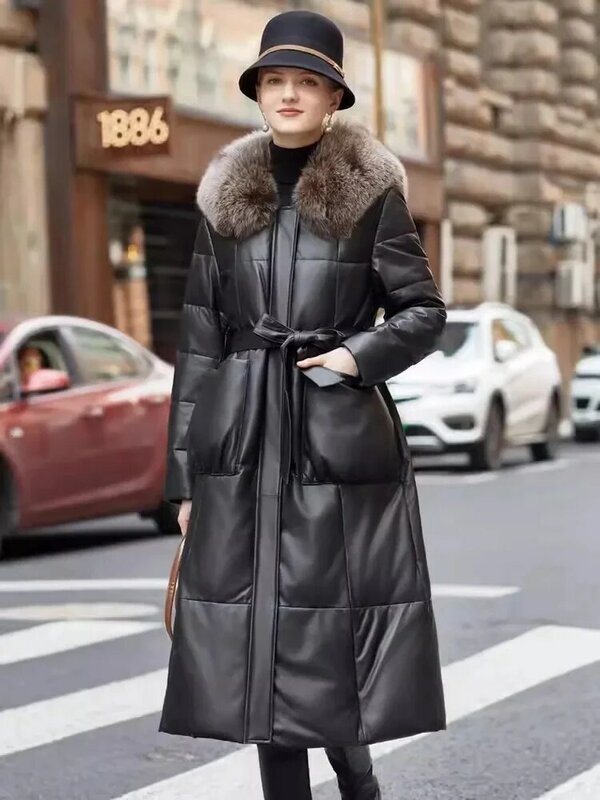 女性の本物の羊の革のロングコート、ジッパー付き、暖かいオーバーコート、高級キツネの毛皮の襟、女性のオフィスファッション、冬