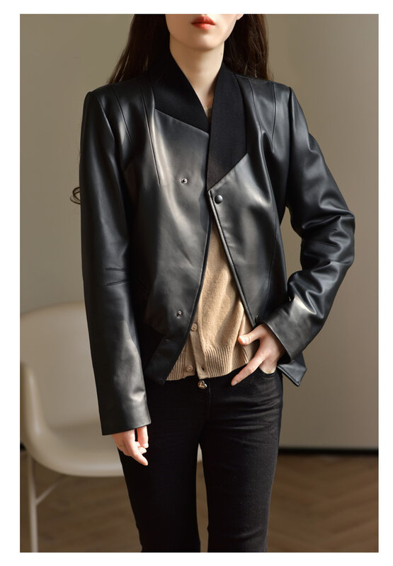Sheepskin spring and autumn  new genuine leather jacket for women's short motorcycle jacket Asymmetric jacket