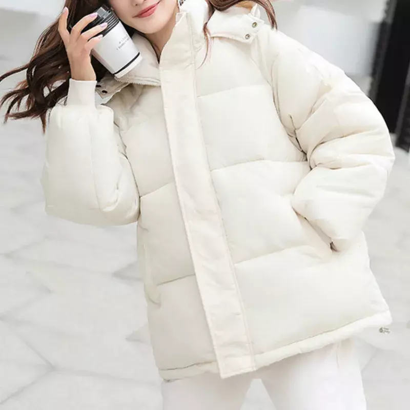 Jaket bertudung untuk wanita, jaket pendek longgar bertudung dengan bantalan warna polos ukuran ekstra besar bergaya Korea musim dingin untuk wanita
