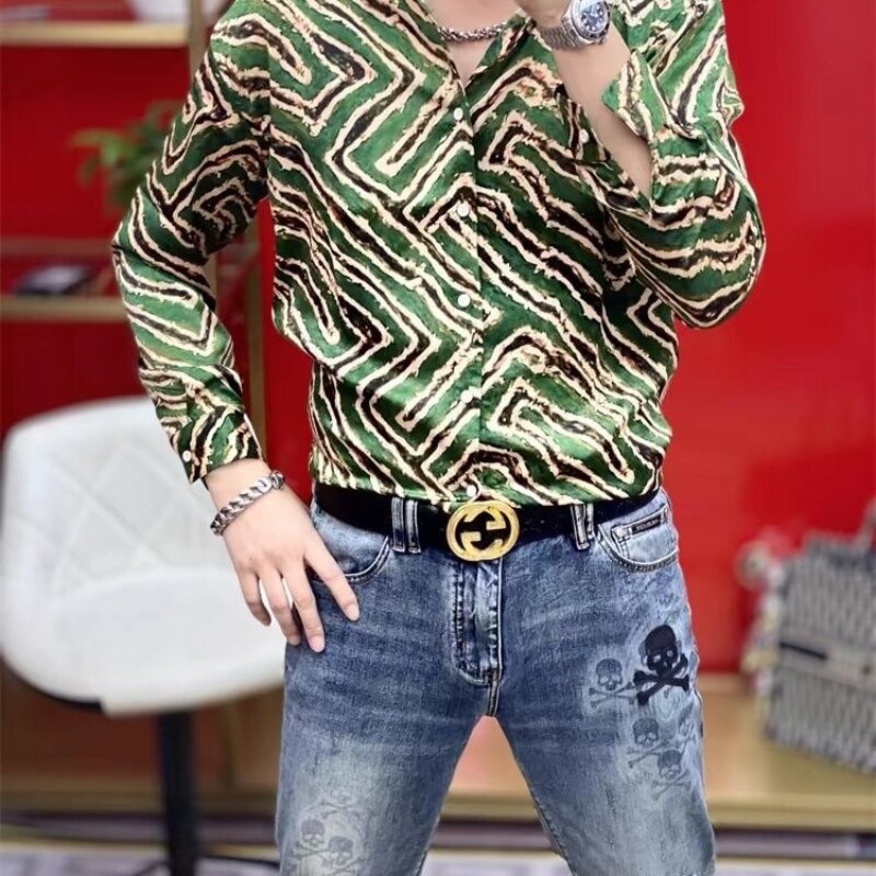 Camisa transpirable de manga larga para hombre, camisa con estampado personalizado, cuello en pico y botones, ajustada, edición coreana, Primavera, novedad de 2024