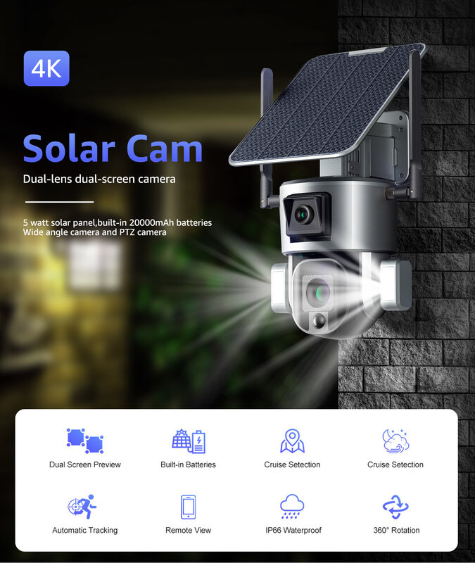 Kamera tenaga surya nirkabel 4K 4G, kamera pengawas lensa ganda dengan Panel surya, pelacakan Humanoid, kamera keamanan PTZ, kartu tf dan Cloud