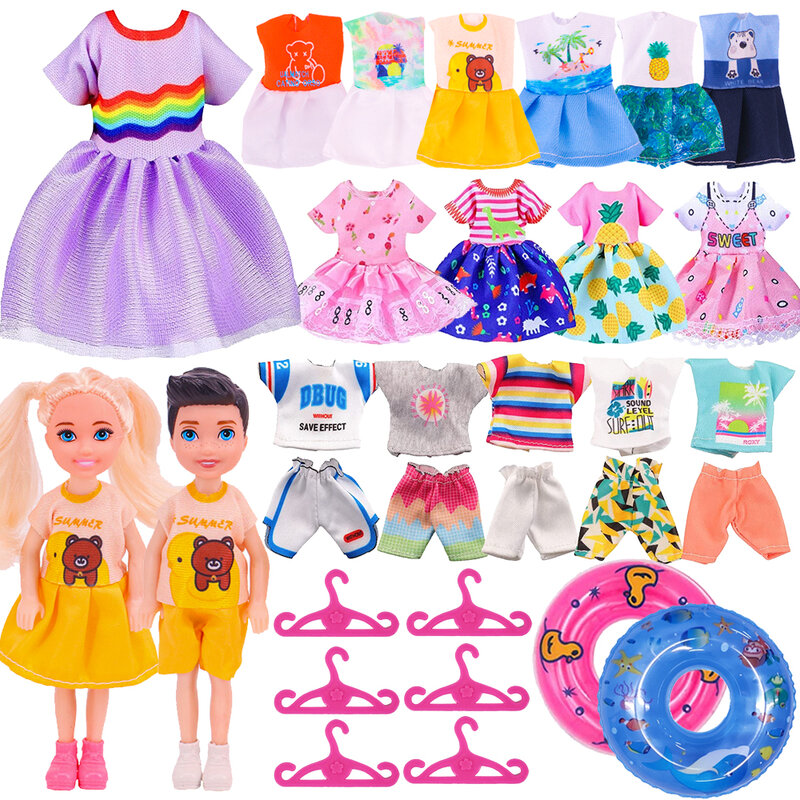 36PCS 6Inch Kelly Doll Clothes Set Include 5PCS Girl Dress,5PCS Boy Tops Pants,2Pairs Shoes,2x Doll,20x Hangers,2x Swimming Ring
