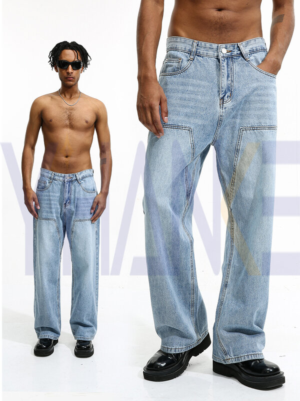Jeans solto de cintura alta masculino, calça jeans, costura, design original, moda de rua coreana, novo, Y2K, 2022