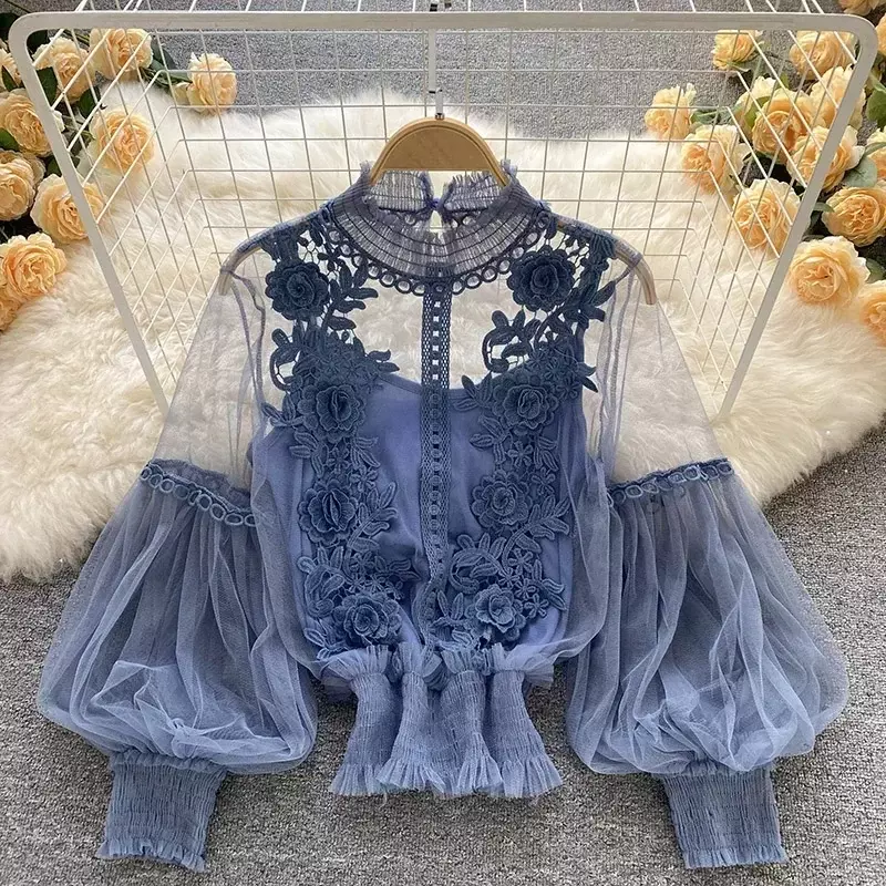 Blus lengan panjang renda Puff, blus pakaian Vintage wanita Korea elegan Dropshipping