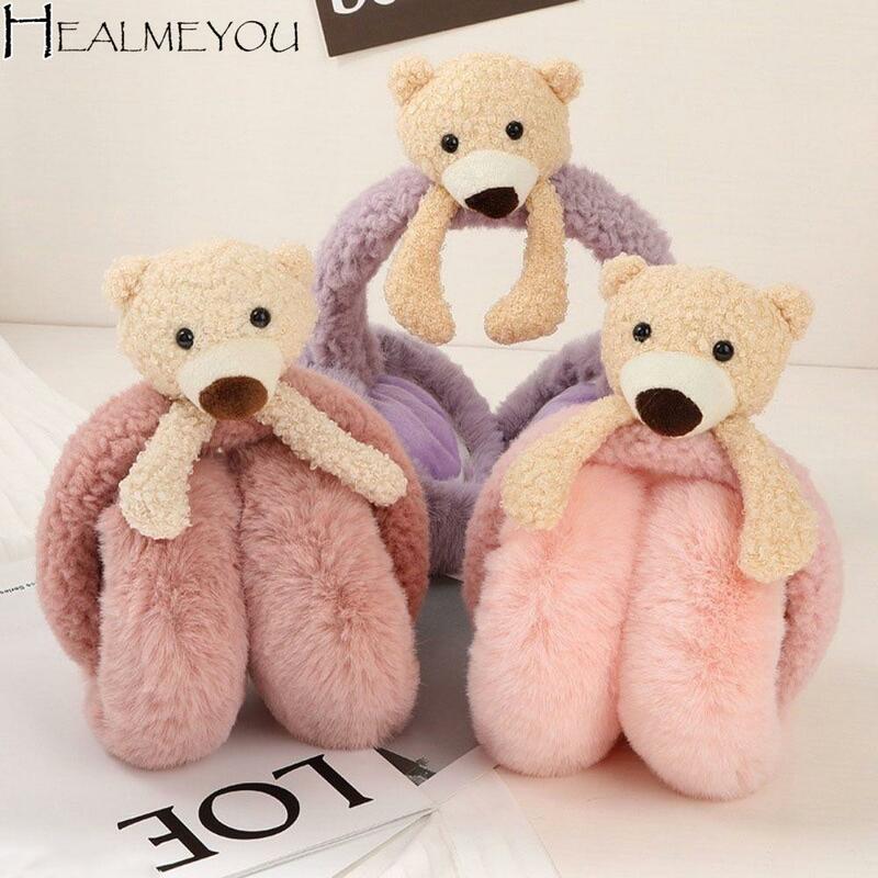 Cartoon Mini Bear Shape Earmuffs Winter Cute Plush Earmuffs Ladies Warm Solid Color Foldable Earmuffs