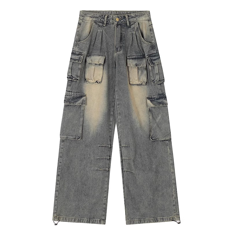 Retro jeans women's autumn multi-pocket design trendy niche high street American workwear women's wide-leg loose