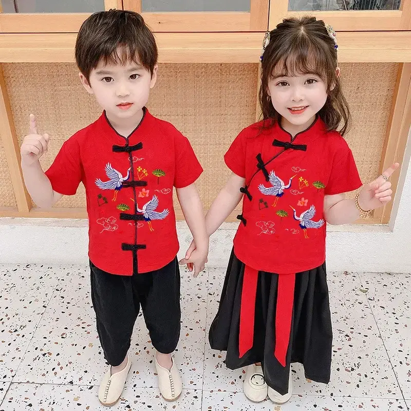 Tradycyjne chińskie kostiumy noworoczne ubrania dla dzieci wiosenny garnitur dla chłopca komplety z krótkim rękawem Top + spodnie + spódnica