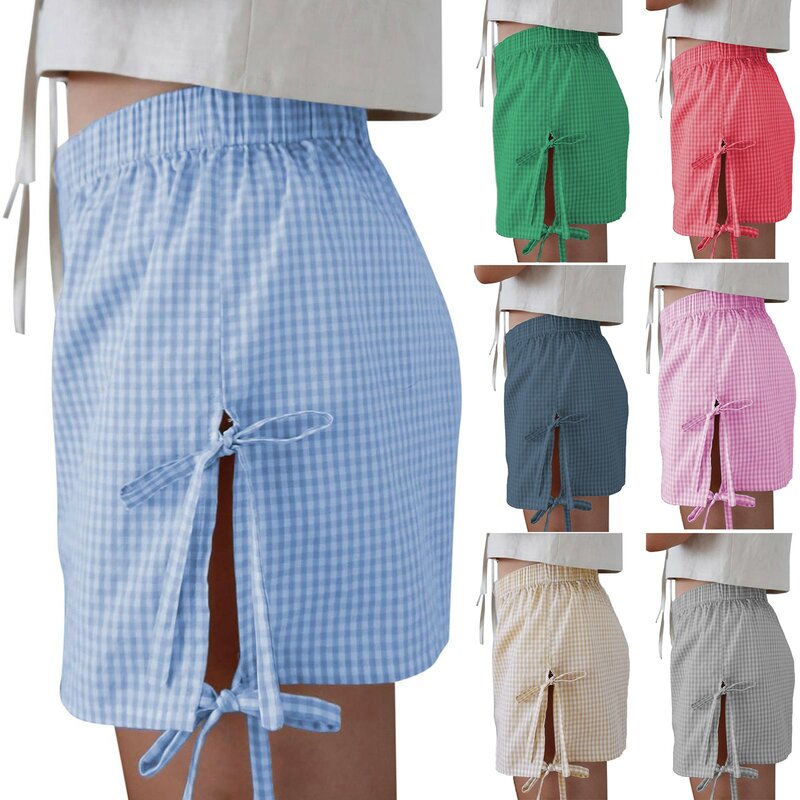 Shorts esportivos de cintura alta para mulheres, laço lateral, bottoms soltos, shorts elásticos casuais, Homewear monocromático feminino
