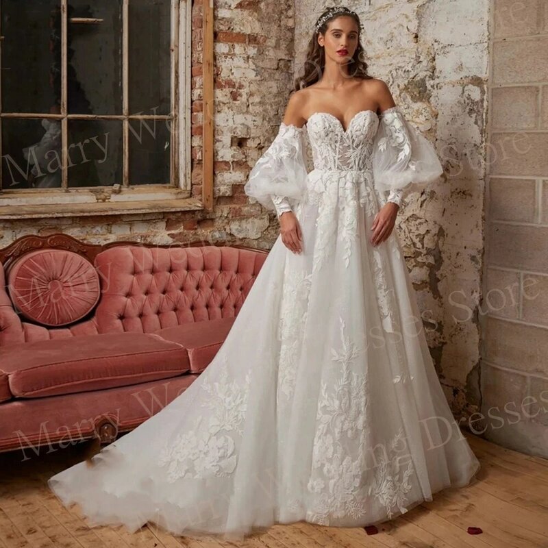 Graceful Sweetheart A Line Wedding Dresses Lace Appliques Tulle Bride Gowns Puff Sleeve Backless Floor-Length Vestido De Novia