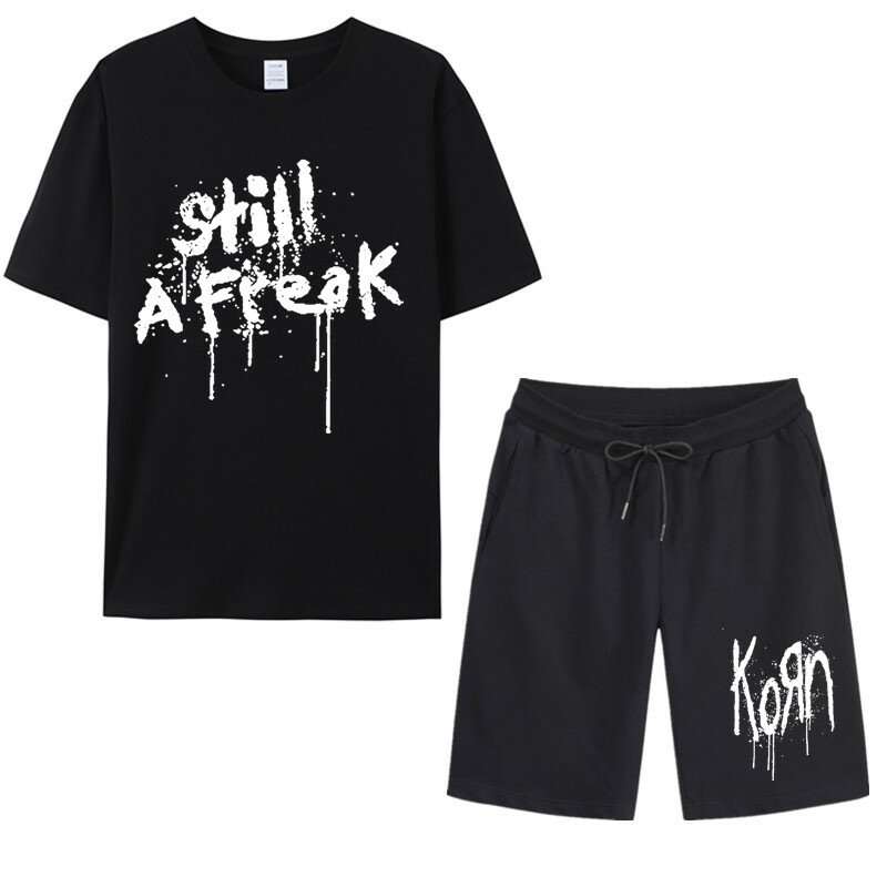 Conjunto de ropa deportiva cómoda para hombre, Camiseta de algodón de manga corta y pantalones cortos negros, traje de 2 piezas, moda de verano