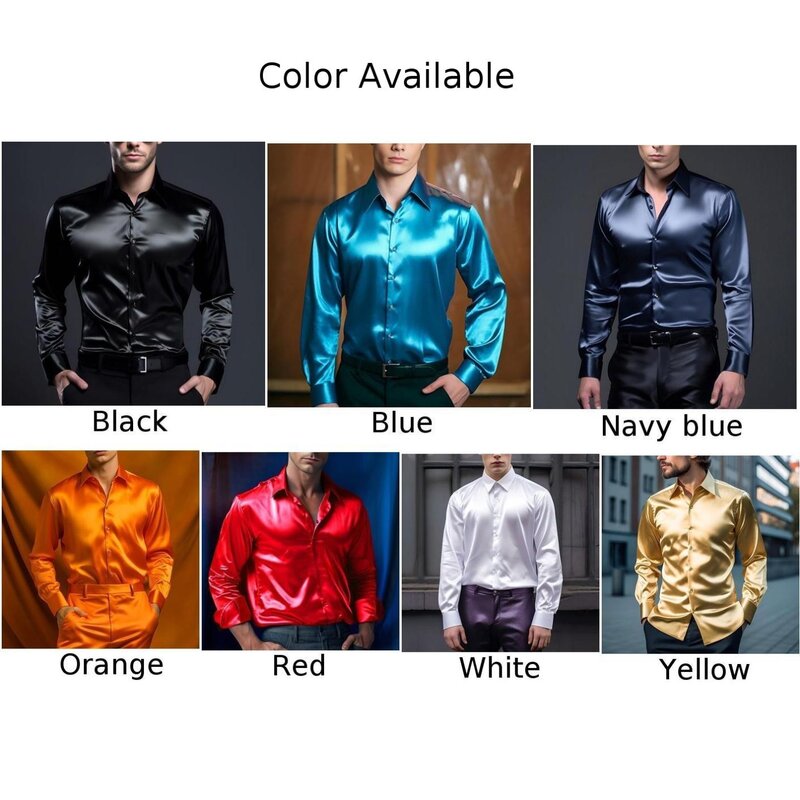 Camisa masculina de seda cetim, slim fit, manga comprida, perfeita para festas e ocasiões especiais, elegante, 108 caracteres