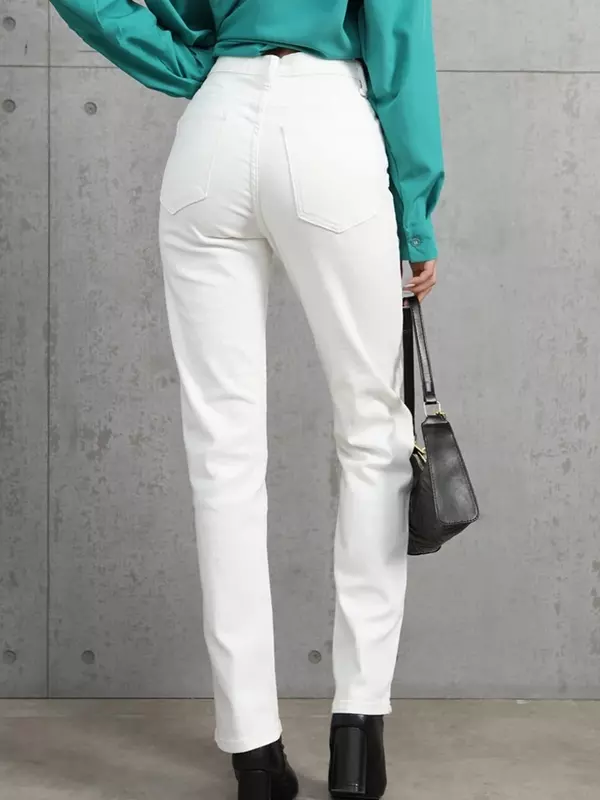 Celana jins kaki lurus wanita Korea, celana Denim wanita Retro putih elastis pinggang tinggi jalanan YK2 mode musim gugur