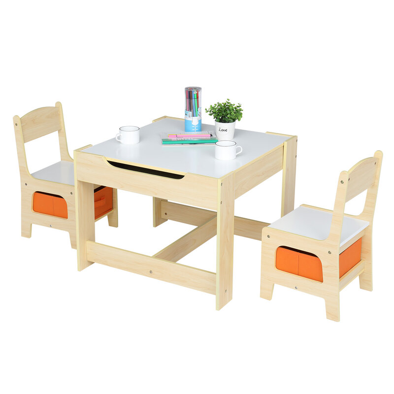 Mesa de madeira das crianças e cadeira conjunto com dois sacos de armazenamento (1 mesa + 2 cadeiras) ideal para sala de jogos do quarto da criança