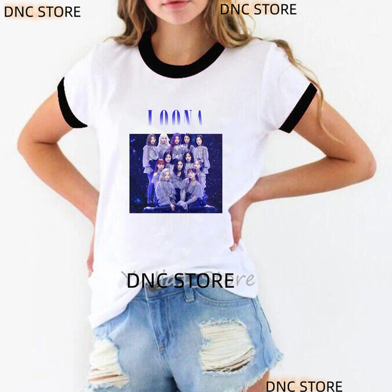 Новинка, женская футболка, Корейская музыкальная певица, Loona, металлическая лента, графический принт, женская футболка, модная футболка в стиле Харадзюку 00-х, топы для девушек