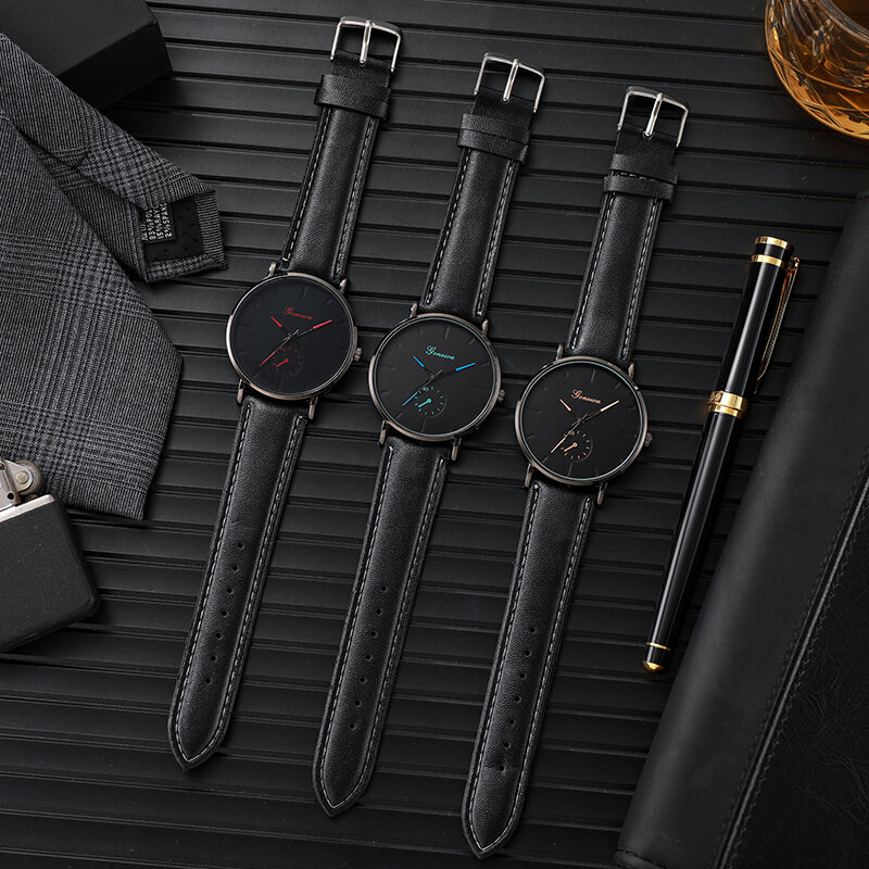 男性用ブラックビーズブレスレットとネックレスセット,シンプルなメンズ腕時計,クォーツ腕時計,レザーストラップ,ビジネスファッション,3個