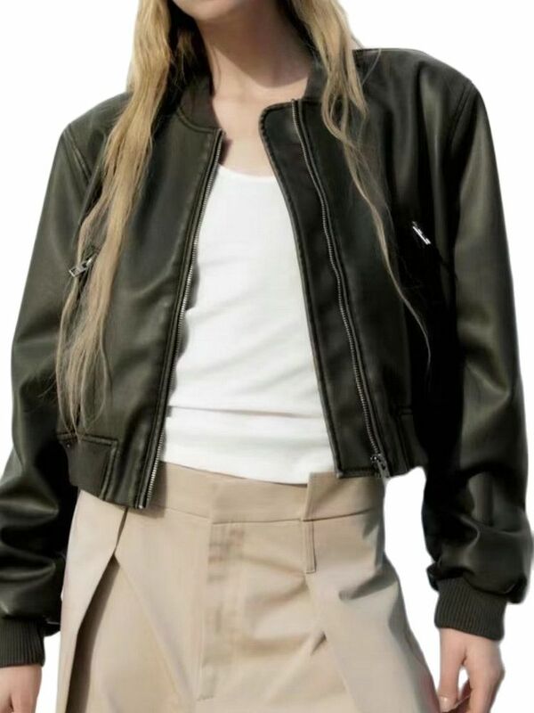 Женская винтажная куртка-бомбер из искусственной кожи, укороченная Готическая гоночная куртка из искусственной кожи, Байкерская бейсбольная куртка, уличная одежда, 2023