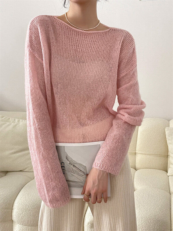 LANMREM Thin Knitted Sweater Women Long Sleeves Solid Color Transparent Pullover Female Fashion Top 2024 Spring Winter 2R4360