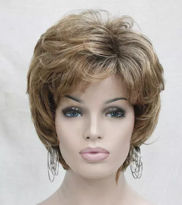 Bella moda moda elegante bionda gialla mix auburn parrucca sintetica da donna corta ondulata