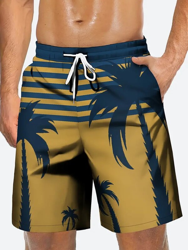 กางเกงชายหาดของผู้ชายกางเกงขาสั้นลายต้นมะพร้าวสีน้ำตาลกางเกงขาสั้นผู้ชายระบายอากาศได้ดี3D กางเกงฟิตเนสสตรีท