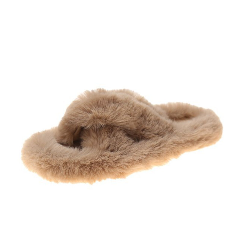 Winter House Women Fur Slippers Fashion Cross Band Warm Plush Ladies Fluffy Shoes Cozy Open Toe Indoor Fuzzy Slides For Girls