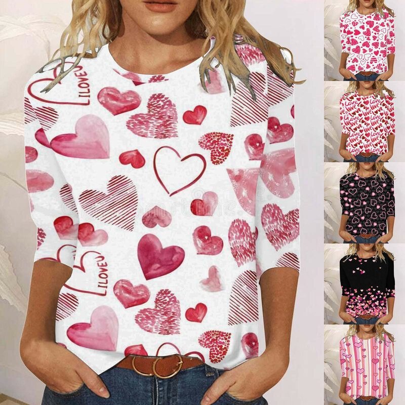 T-shirt à manches trois-quarts et col rond pour femmes, chemisier confortable à imprimé floral