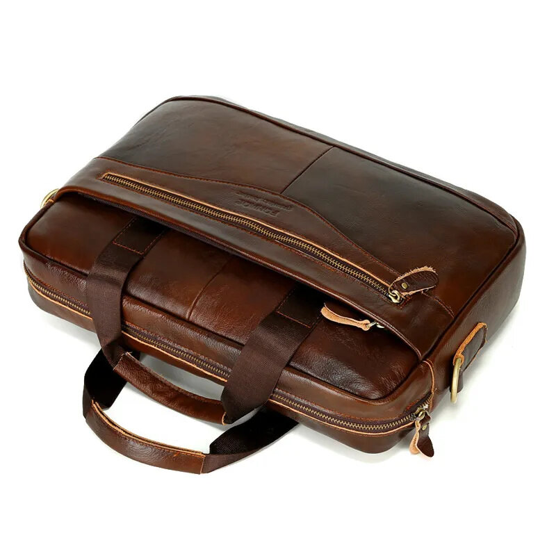 Genuine Leather Men's Briefcase Luxury Cowhide Handbag Large Capacity Male Shoulder Messenger Bag Business 14" Laptop