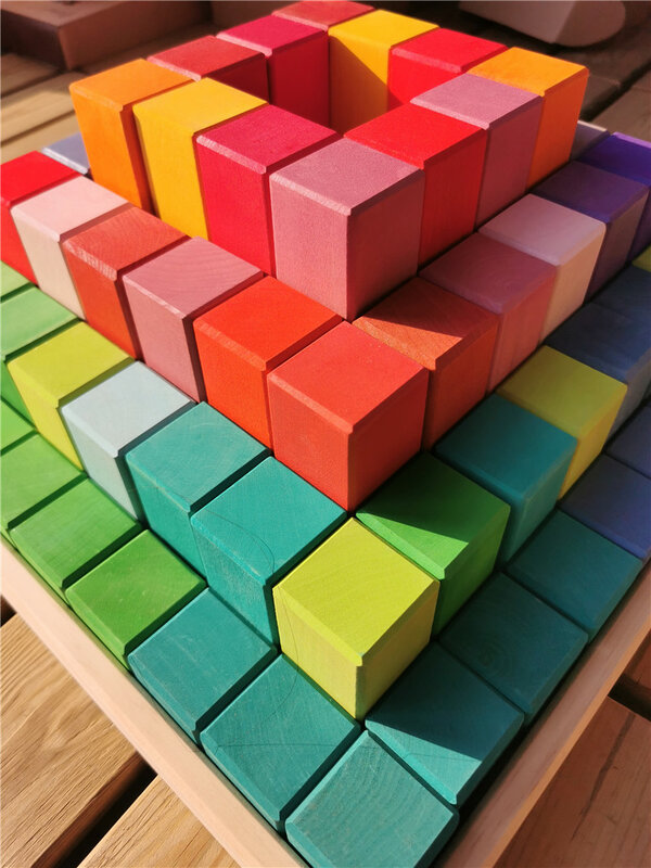 100pcs Large Wooden Building Toys Basswood  Rainbow Pyramid Stacking Blocks for Kids Creative Play