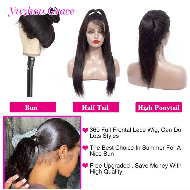 Lace Frontal Straight Cabelo Humano Perucas, peruca cheia do laço, cabelo cru, pré arrancado, 360 HD, Yuzhou Grace