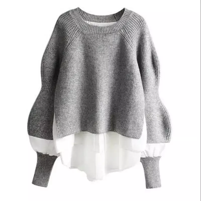 Suéter de manga comprida de lanterna feminino, pulôver solto, gola redonda, selvagem, nova moda, outono e inverno, 2023