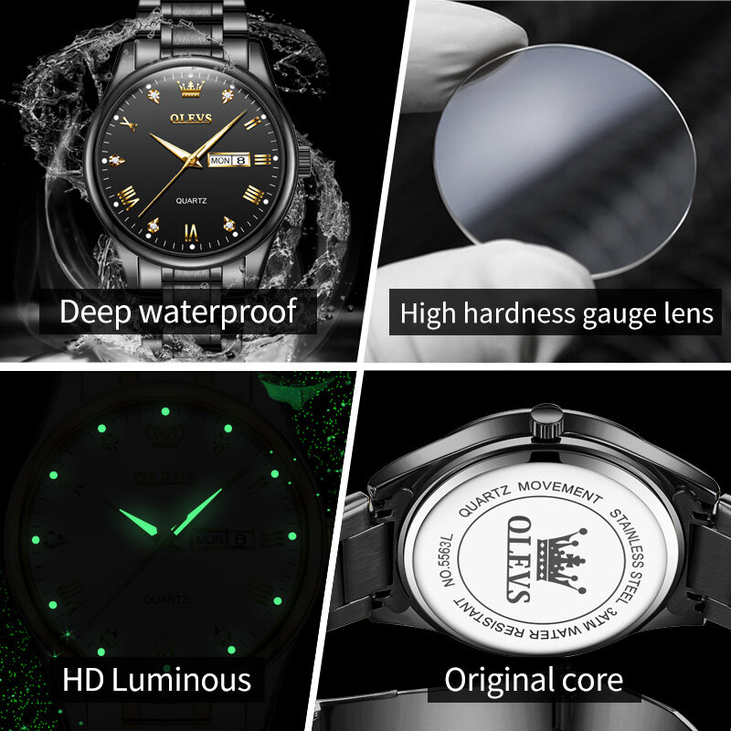 Olevs-メンズラグジュアリークォーツ時計、ステンレス鋼時計、防水ビジネス腕時計、日付、発光、ファッション