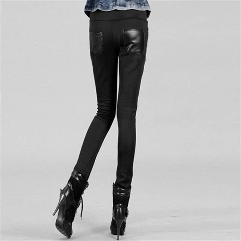 Women's Mid Elastic Waist PU Splice Velvet Leggings Thick Pants Warm Pencil Trousers Female Autumn Winter Hot Sale