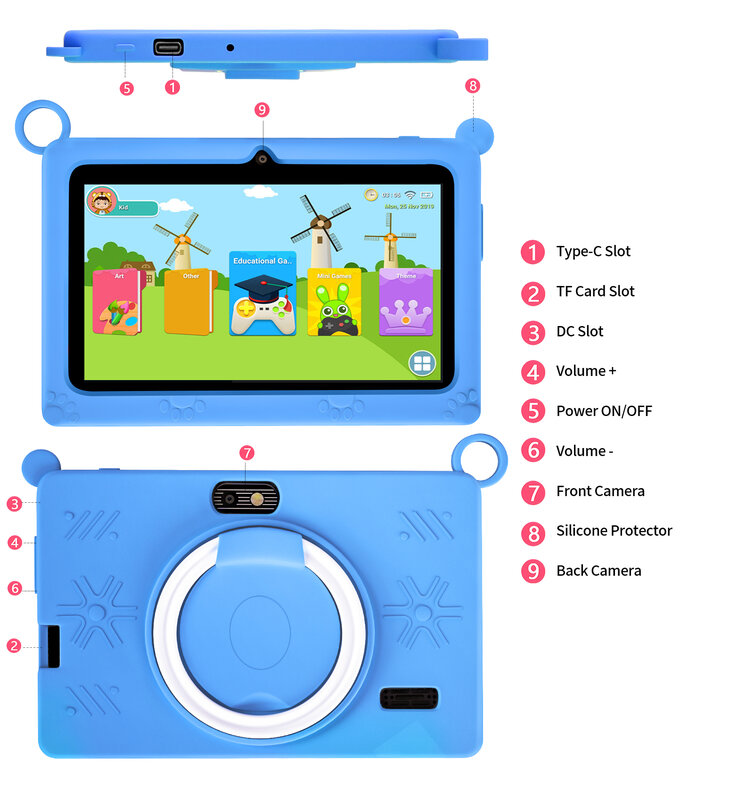 Tableta para niños con pantalla HD de 7 pulgadas, Tablet para niños pequeños con aplicación de educación gratuita preinstalada, 2 cámaras, bloqueo Parental