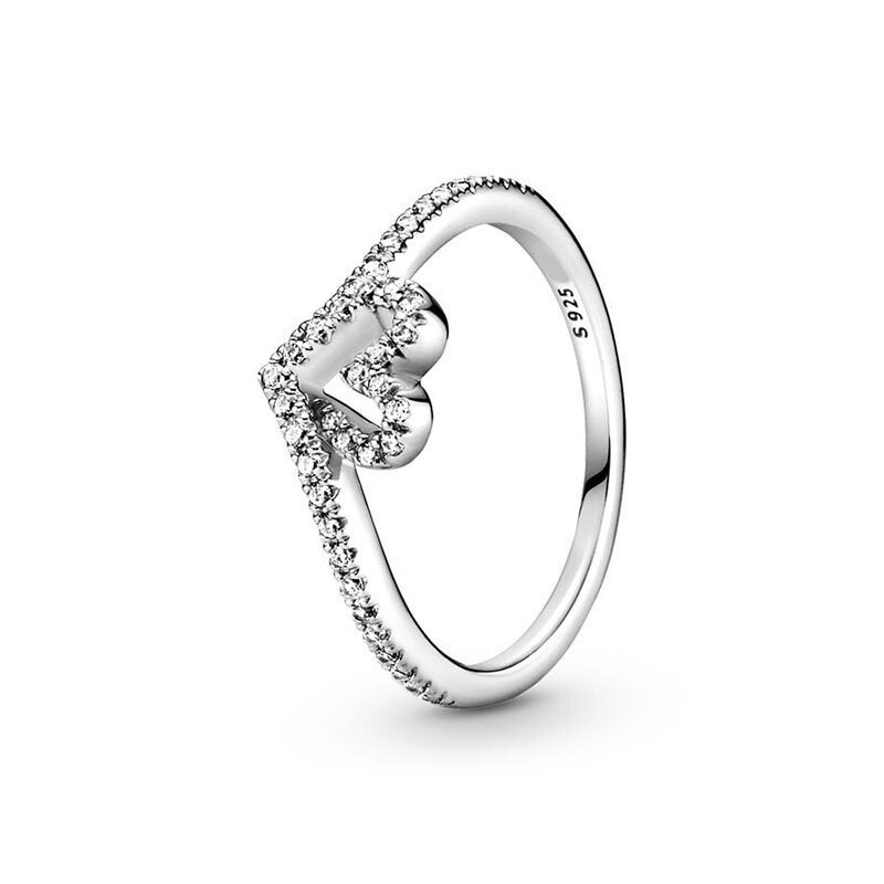 Anello in argento 925 Sparkling Wishbone Heart Ring Princess Wishbone Finger Ring per le donne regalo di nozze Pandor Ring Jewelry fai da te