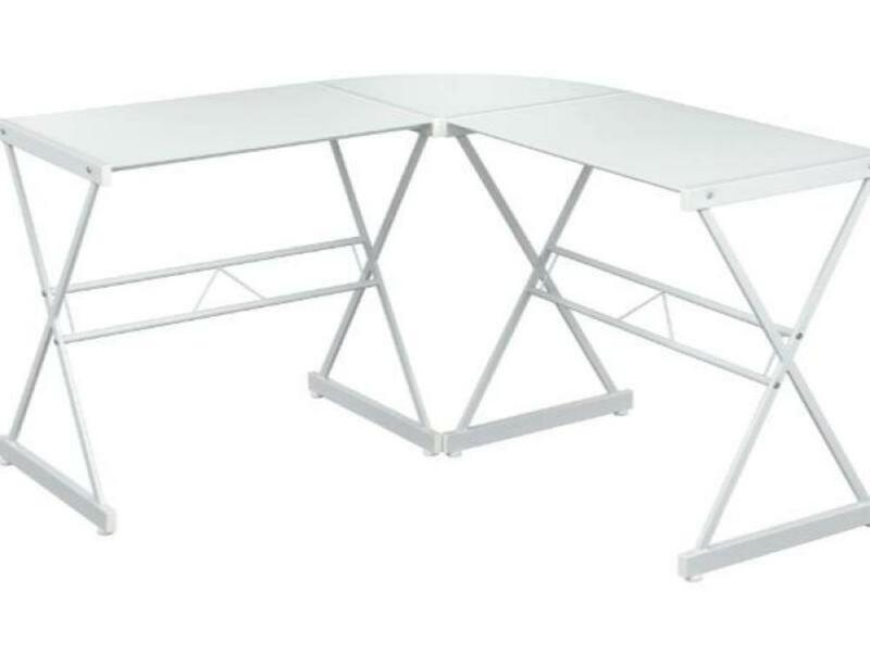 L Shape Adult Computer Desk with Metal Frame & Opaque White Glass Top, 29" Tall, White