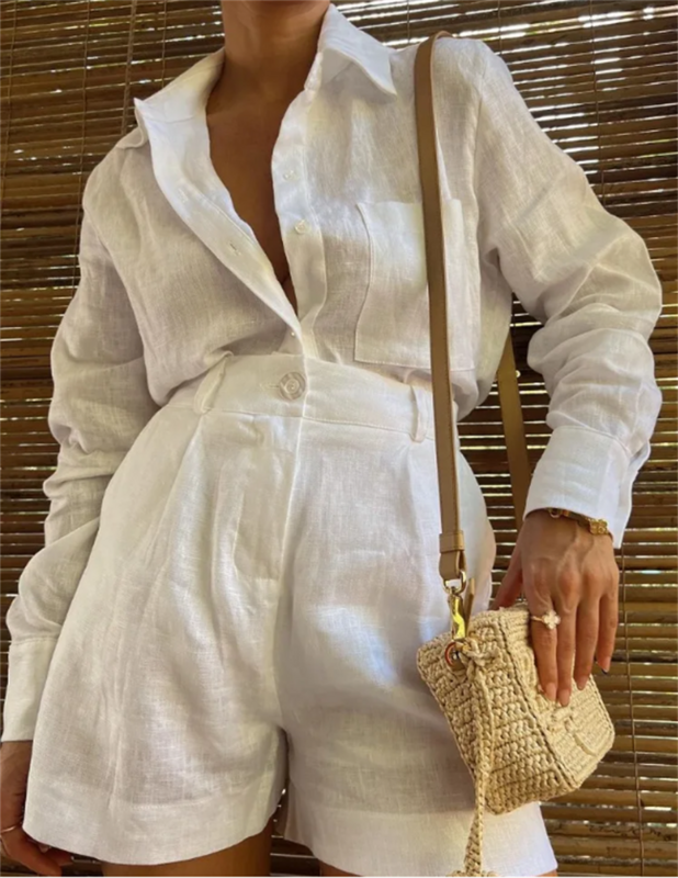 Weiße elastische Taille Shorts zweiteiliges Set für Frauen pendeln Langarm Schnür hemd Anzug Sommer neue weibliche High Street Outfit