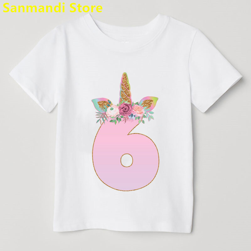 T-Shirt Kawaii pour enfants filles, imprimé de fleurs roses et de licorne, cadeau d'anniversaire 2e à 9e