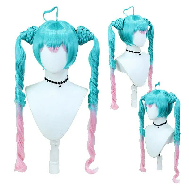 Peluca azul de Anime para Cosplay, trenza de doble cola de caballo, simulan el cabello, Periwig Con cómic, accesorios para actuaciones en escenario y Halloween