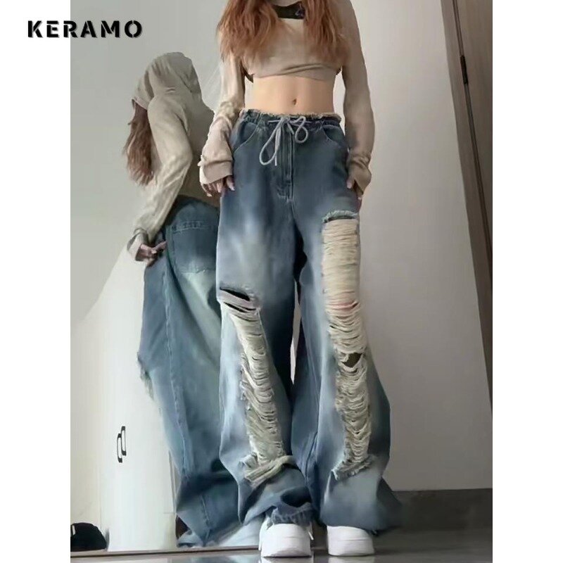 2024 весенние винтажные свободные джинсы в стиле Харадзюку Y2K на шнуровке с вырезами синие брюки женские с широкими штанинами мешковатые рваные джинсовые брюки