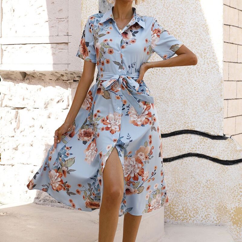 Damska letnia koszula z rozcięciem na co dzień modne kwiatowe nadruk koronka jednorzędowa sukienka Midi z krótkim rękawem biurowa dama plażowa Vestidos