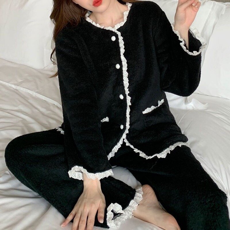 Pijamas de lana de Coral para mujer, ropa de dormir gruesa de felpa, conjunto de traje de encaje cálido para el hogar, otoño e invierno, novedad de 2023