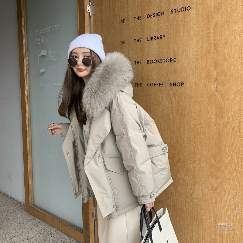 LNOAH-새로운 패션 화이트 오리털 코트 여성용, 단색, 귀여운 스타일, 2022