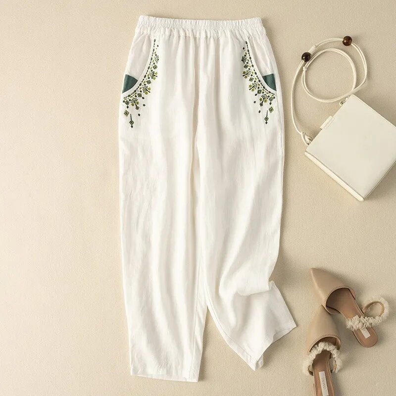 Retro Style Female Cotton Linen Radish Trousers New Ladies Straight Cylinder Harlan Pantalons Women Solid Color Nine Points Pant